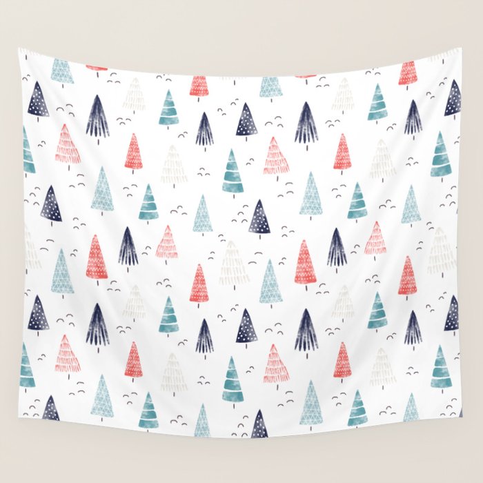 Watercolor Christmas Trees Blue Red Wall Tapestry Gallery Image 4