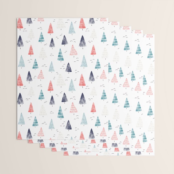 Watercolor Christmas Trees Blue Red Wrapping Paper Gallery Image 3