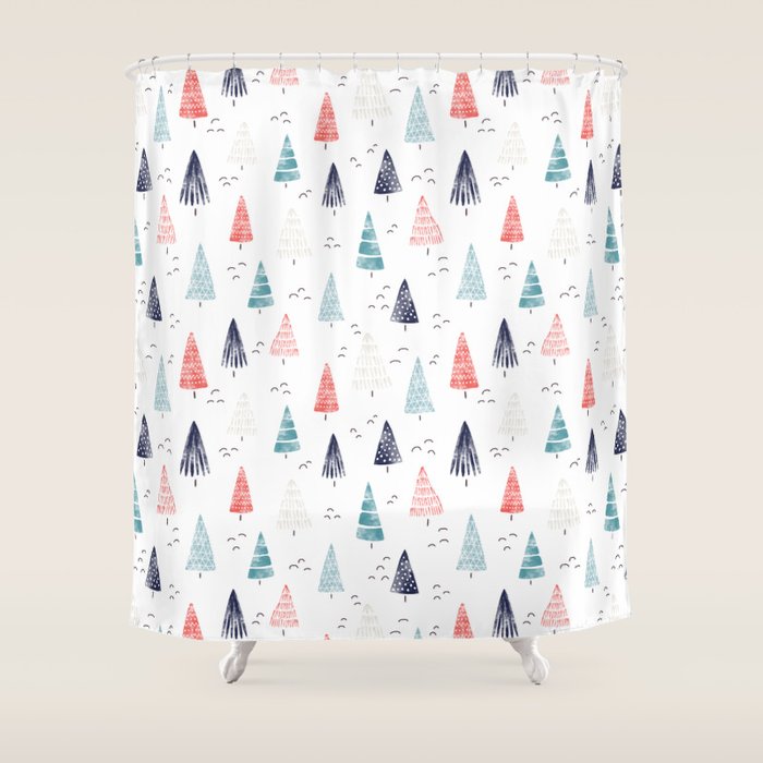 Watercolor Christmas Trees Blue Red Shower Curtain Gallery Image 1