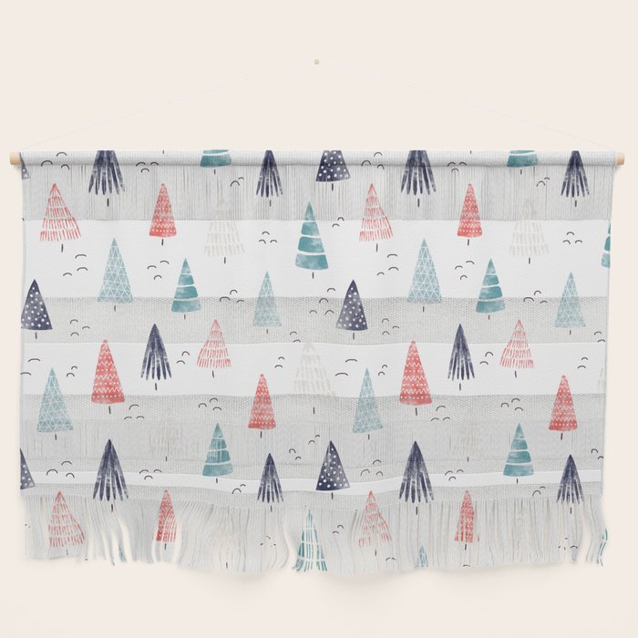 Watercolor Christmas Trees Blue Red Wall Hanging Gallery Image 1