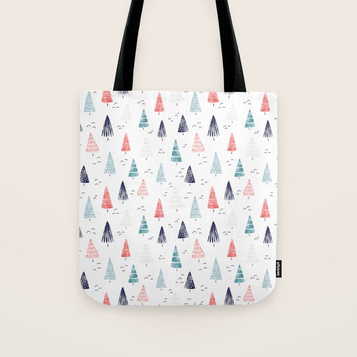 Watercolor Christmas Trees Blue Red Tote Bag Gallery Image 1