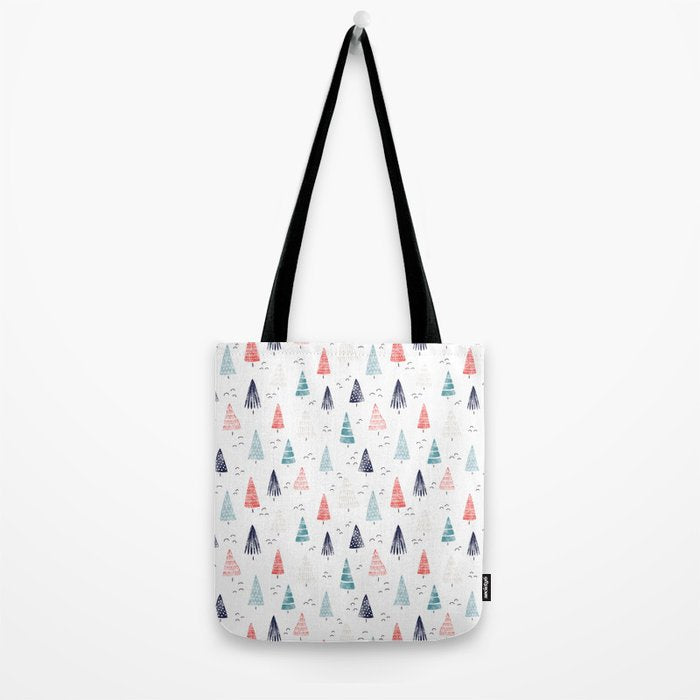 Watercolor Christmas Trees Blue Red Tote Bag Gallery Image 2