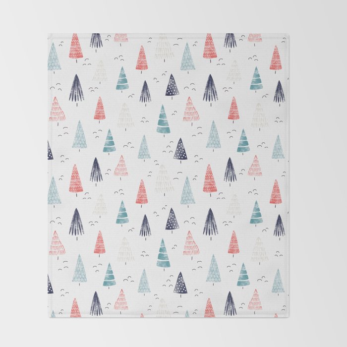 Watercolor Christmas Trees Blue Red Throw Blanket Gallery Image 2