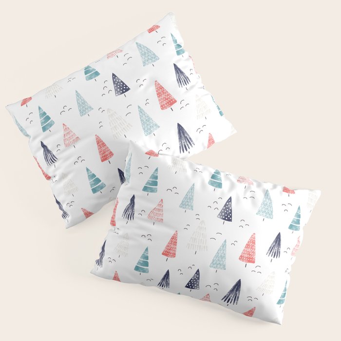 Watercolor Christmas Trees Blue Red Pillow Sham Gallery Image 3