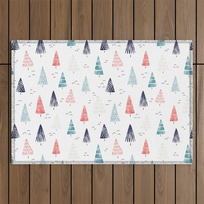 Watercolor Christmas Trees Blue Red Outdoor Rug Gallery Image 1