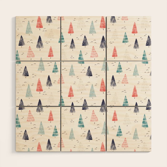 Watercolor Christmas Trees Blue Red Wood Wall Art Gallery Image 1