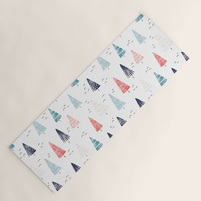 Watercolor Christmas Trees Blue Red Yoga Mat Gallery Image 1