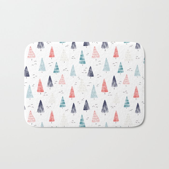 Watercolor Christmas Trees Blue Red Bath Mat Gallery Image 1