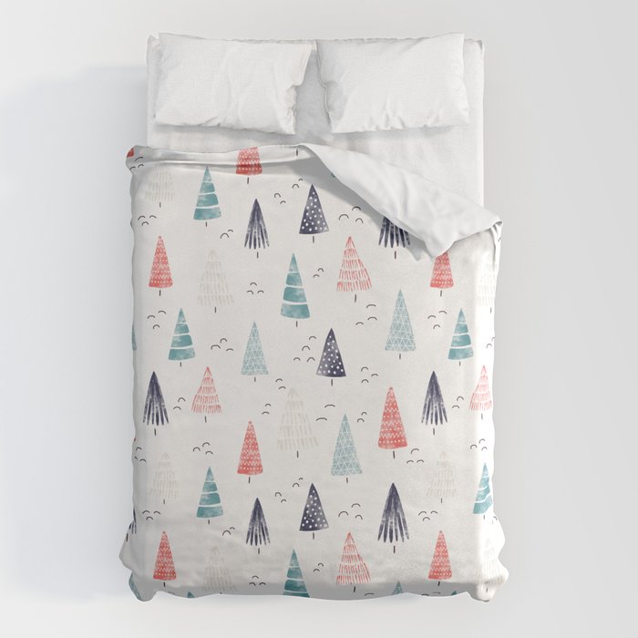 Watercolor Christmas Trees Blue Red Duvet Cover Gallery Image 1