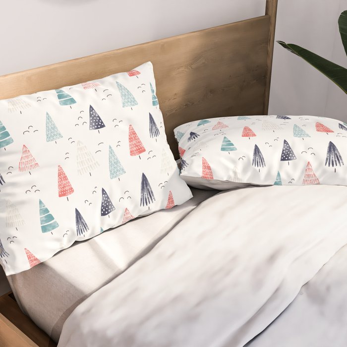 Watercolor Christmas Trees Blue Red Pillow Sham Gallery Image 2