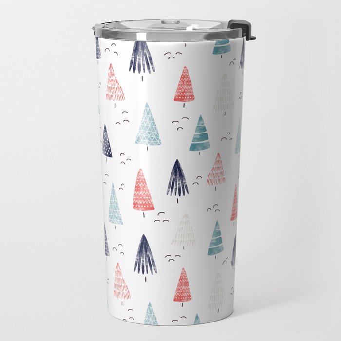 Watercolor Christmas Trees Blue Red Travel Mug Gallery Image 2