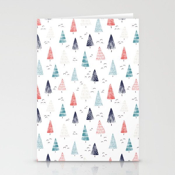 Watercolor Christmas Trees Blue Red Stationery Card Gallery Image 2