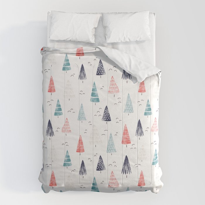 Watercolor Christmas Trees Blue Red Comforter Gallery Image 6