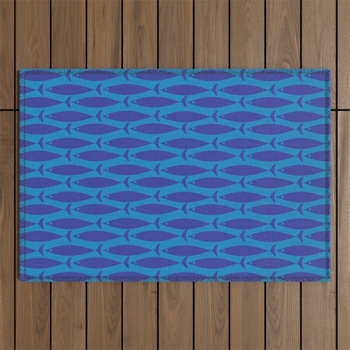 Bold Coastal Fish Mid Century Modern Minimalist Pattern in Double Blue Outdoor Rug Gallery Image 1