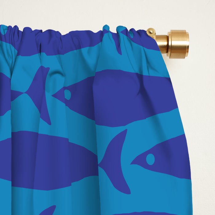 Bold Coastal Fish Mid Century Modern Minimalist Pattern in Double Blue Window Curtain Gallery Image 2