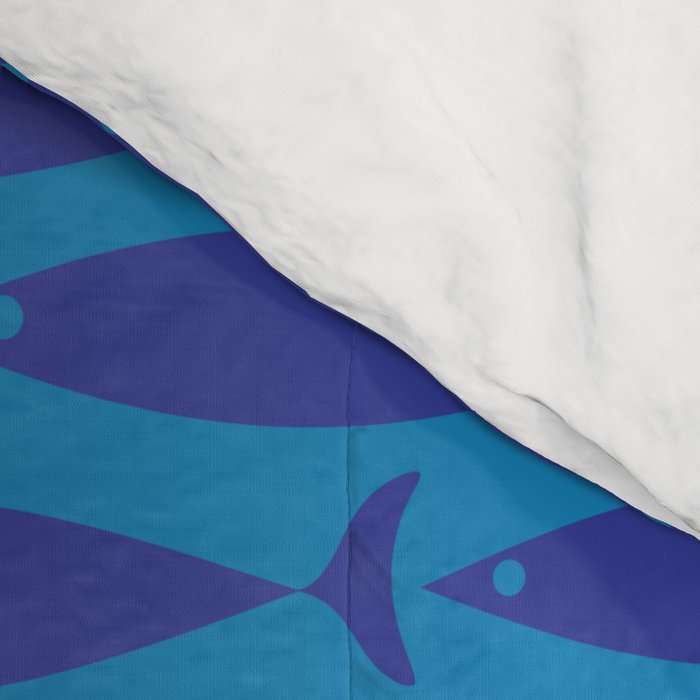 Bold Coastal Fish Mid Century Modern Minimalist Pattern in Double Blue Comforter Gallery Image 4