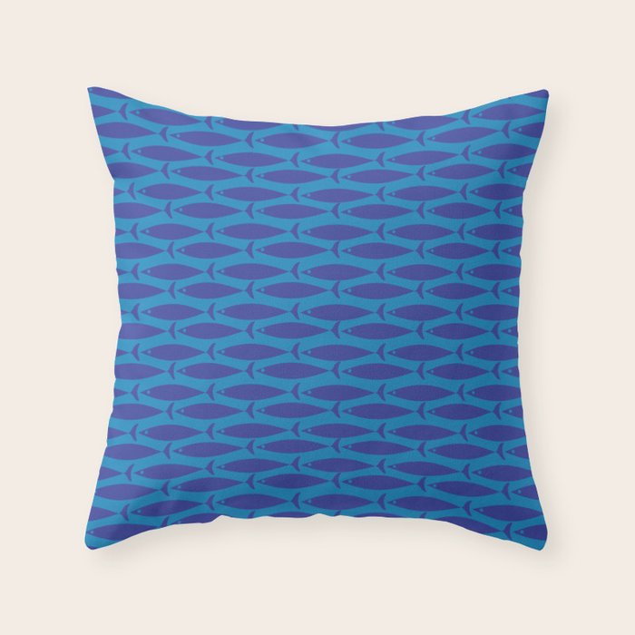 Bold Coastal Fish Mid Century Modern Minimalist Pattern in Double Blue Throw Pillow Gallery Image 6