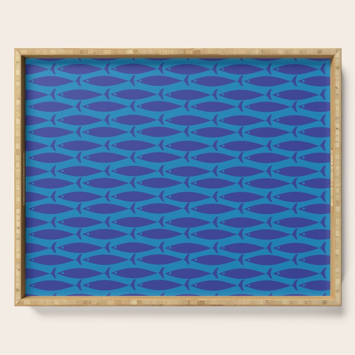Bold Coastal Fish Mid Century Modern Minimalist Pattern in Double Blue Serving Tray Gallery Image 1