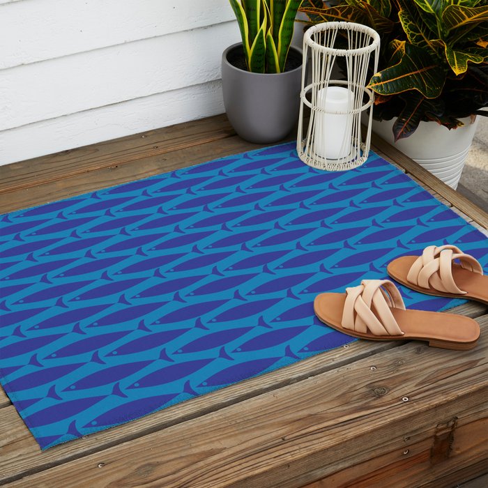 Bold Coastal Fish Mid Century Modern Minimalist Pattern in Double Blue Outdoor Rug Gallery Image 2