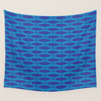 Bold Coastal Fish Mid Century Modern Minimalist Pattern in Double Blue Wall Tapestry Gallery Image 4