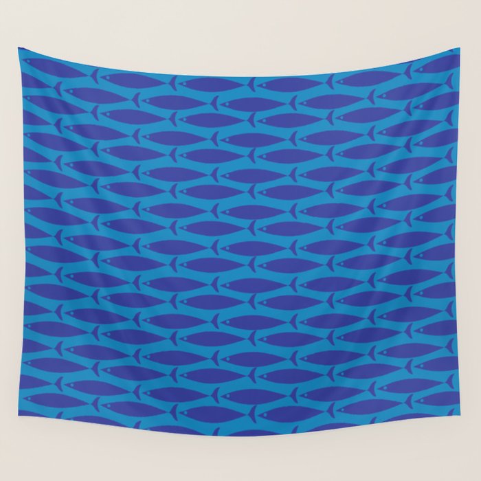 Bold Coastal Fish Mid Century Modern Minimalist Pattern in Double Blue Wall Tapestry Gallery Image 4