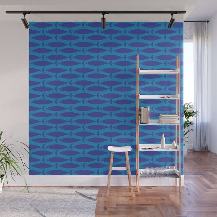 Bold Coastal Fish Mid Century Modern Minimalist Pattern in Double Blue Wall Mural Gallery Image 1
