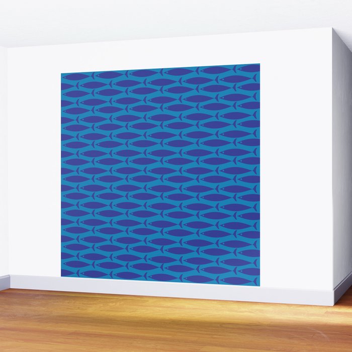 Bold Coastal Fish Mid Century Modern Minimalist Pattern in Double Blue Wall Mural Gallery Image 2