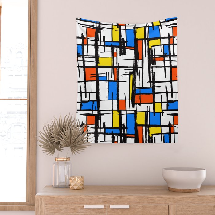Bauhaus Aesthetic Piet Mondrian De Stijl Inspired Painted Pattern Wall Tapestry Gallery Image 2