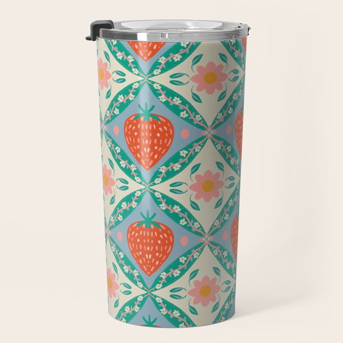 Playful Strawberry and Floral Geometric Pattern Travel Mug Gallery Image 3