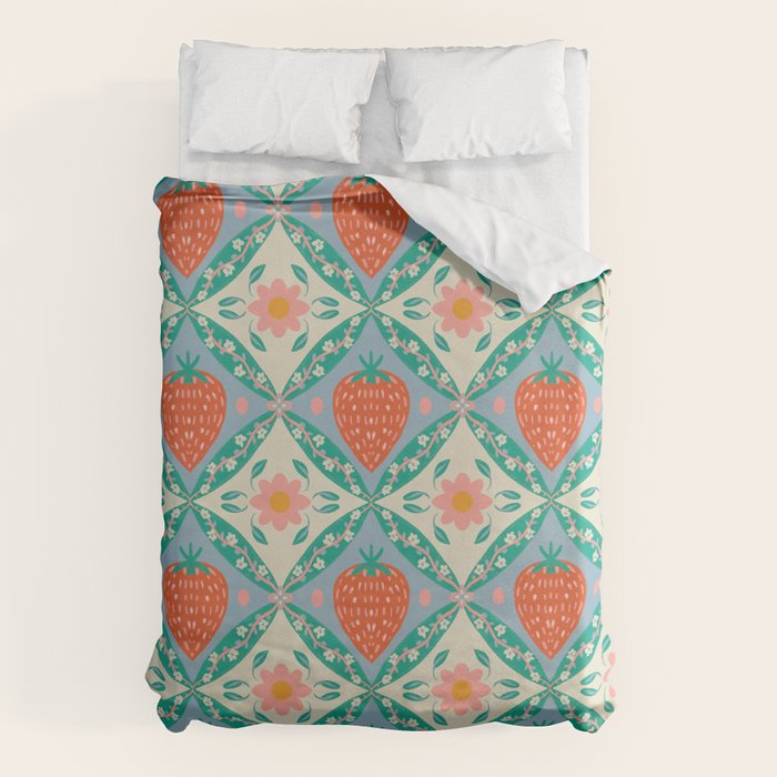 Playful Strawberry and Floral Geometric Pattern Duvet Cover Gallery Image 6