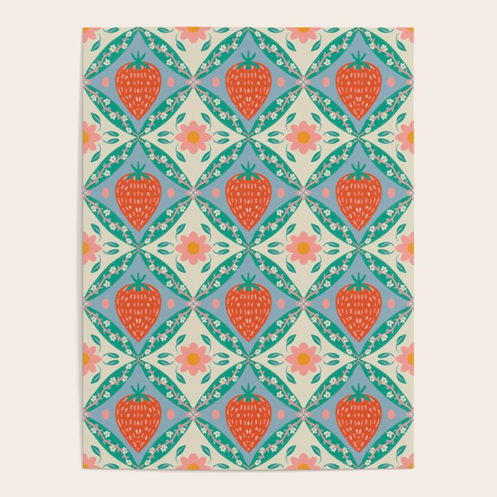 Playful Strawberry and Floral Geometric Pattern Poster Gallery Image 4