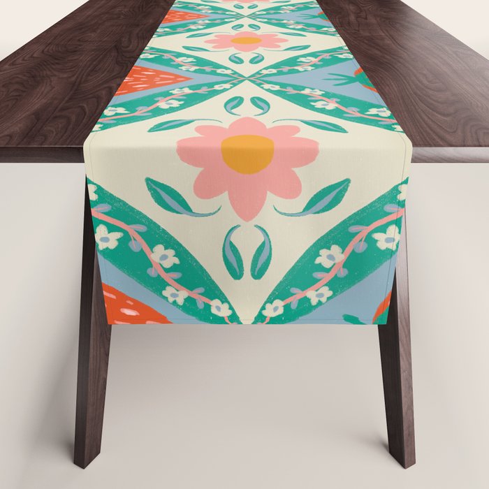 Playful Strawberry and Floral Geometric Pattern Table Runner Gallery Image 1