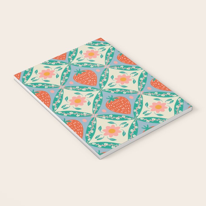 Playful Strawberry and Floral Geometric Pattern Notebook Gallery Image 3