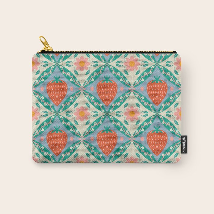 Playful Strawberry and Floral Geometric Pattern Carry All Pouch Gallery Image 1