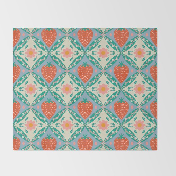 Playful Strawberry and Floral Geometric Pattern Throw Blanket Gallery Image 2