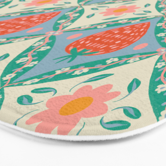 Playful Strawberry and Floral Geometric Pattern Bath Mat Gallery Image 3