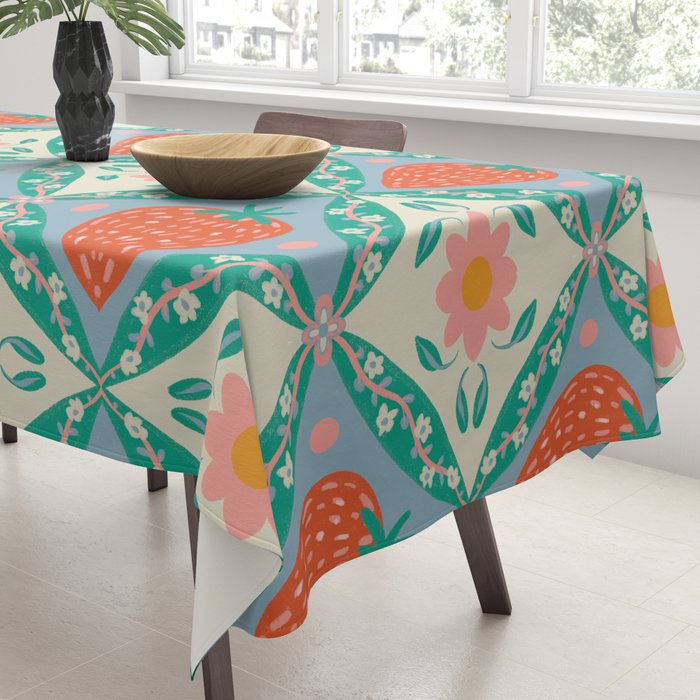 Playful Strawberry and Floral Geometric Pattern Tablecloth Gallery Image 3