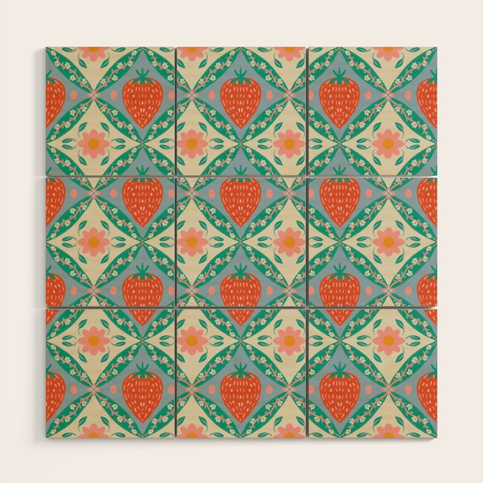 Playful Strawberry and Floral Geometric Pattern Wood Wall Art Gallery Image 1