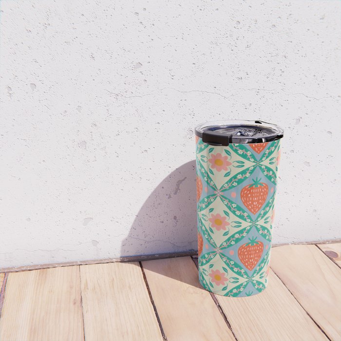 Playful Strawberry and Floral Geometric Pattern Travel Mug Gallery Image 4
