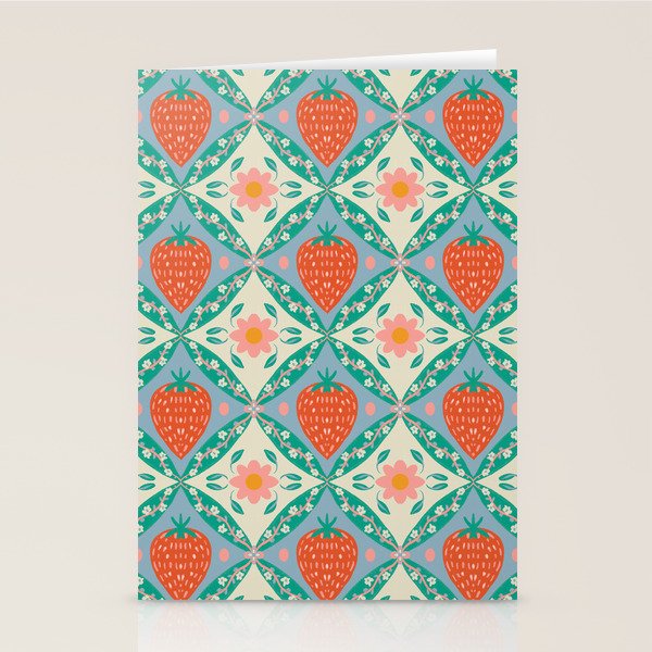 Playful Strawberry and Floral Geometric Pattern Stationery Card Gallery Image 2