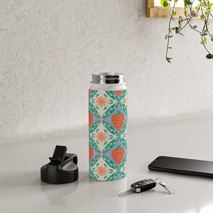 Playful Strawberry and Floral Geometric Pattern Water Bottle Gallery Image 4