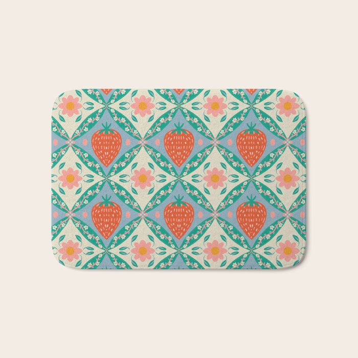 Playful Strawberry and Floral Geometric Pattern Bath Mat Gallery Image 1
