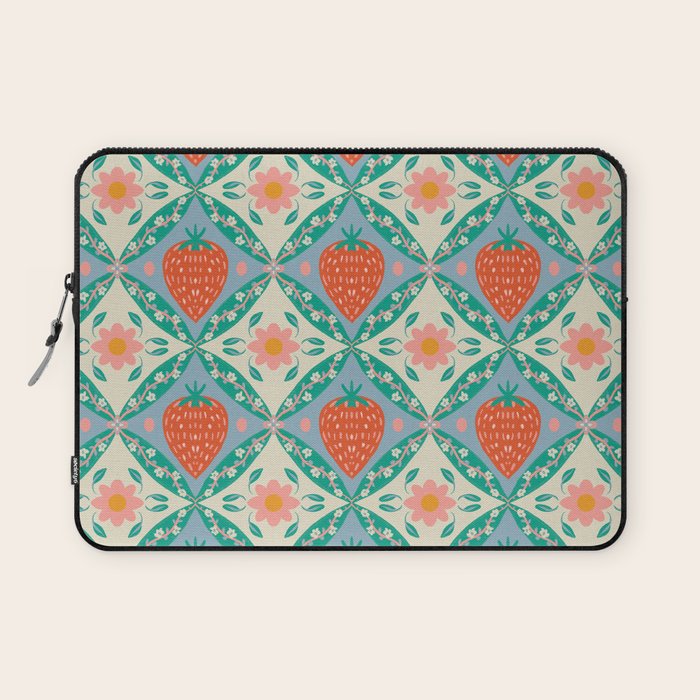 Playful Strawberry and Floral Geometric Pattern Laptop Sleeve Gallery Image 1