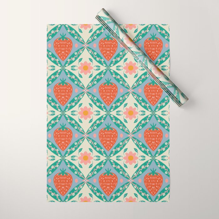 Playful Strawberry and Floral Geometric Pattern Wrapping Paper Gallery Image 1