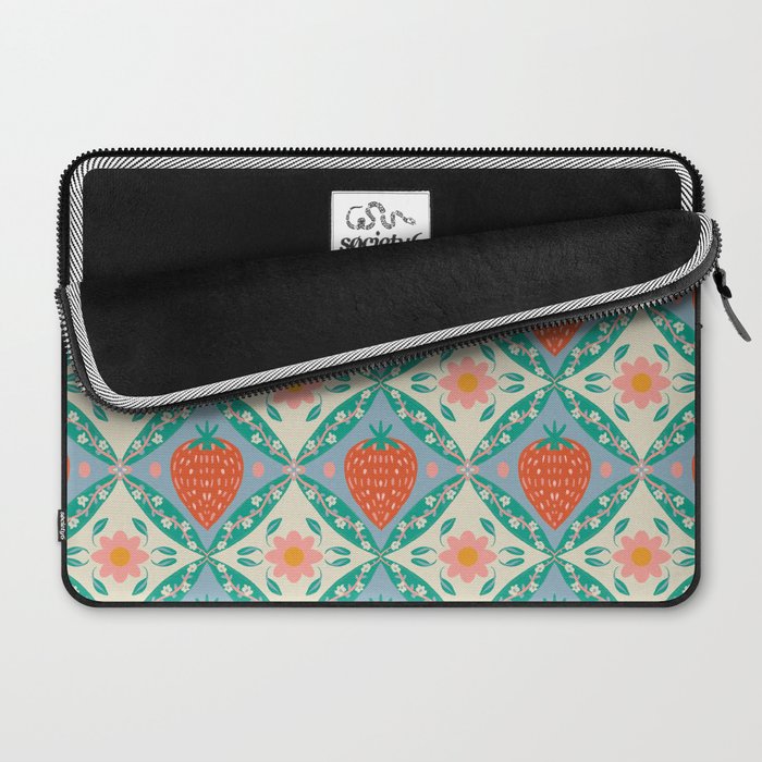 Playful Strawberry and Floral Geometric Pattern Laptop Sleeve Gallery Image 2