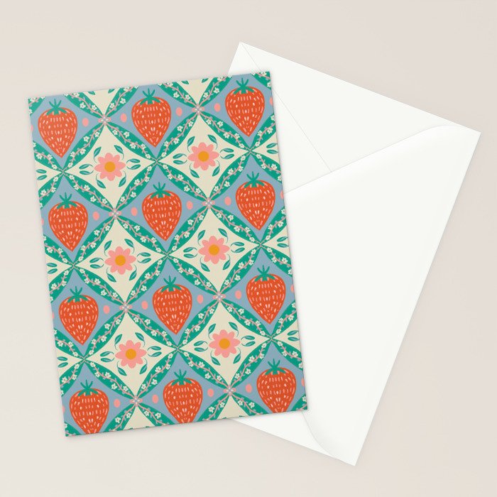 Playful Strawberry and Floral Geometric Pattern Stationery Card Gallery Image 2