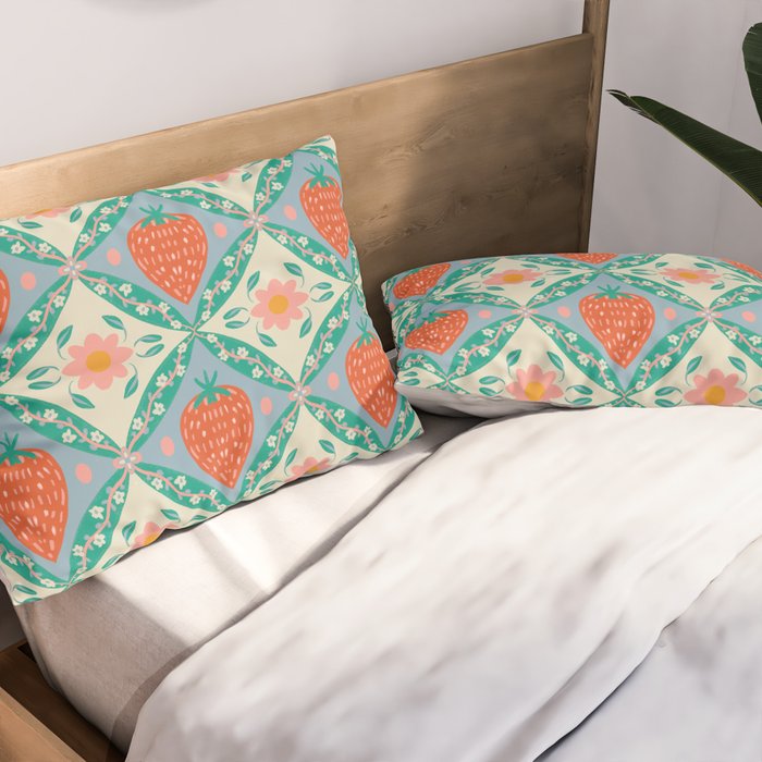 Playful Strawberry and Floral Geometric Pattern Pillow Sham Gallery Image 2