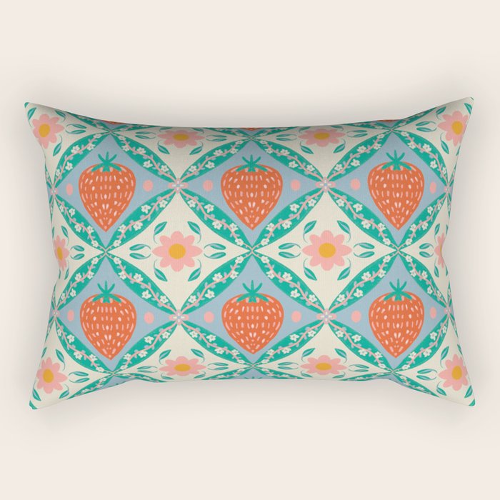 Playful Strawberry and Floral Geometric Pattern Rectangular Pillow Gallery Image 2