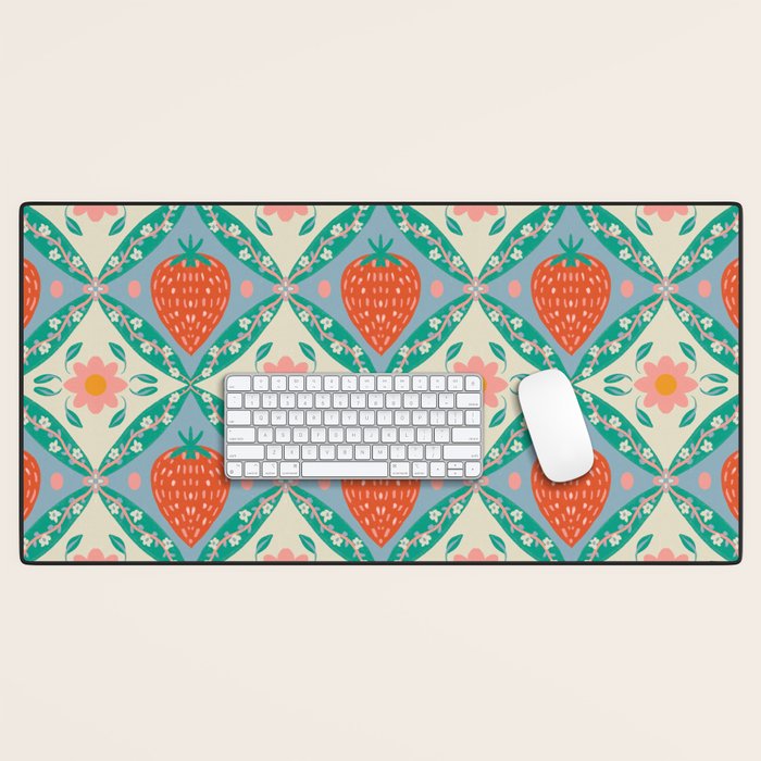 Playful Strawberry and Floral Geometric Pattern Desk Mat Gallery Image 1