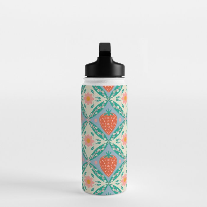 Playful Strawberry and Floral Geometric Pattern Water Bottle Gallery Image 3